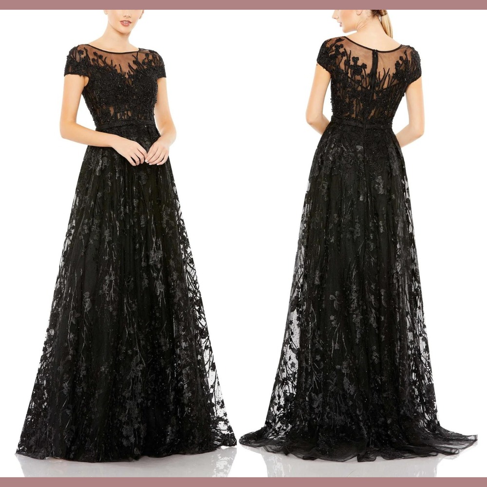 NWT Mac Duggal [ 22 ] 20405 Embellished Floral Cap Sleeve ALine Gown Black S1823